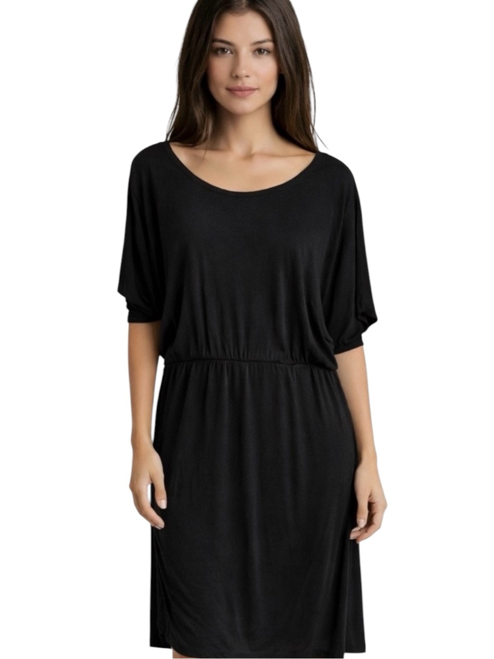 Black Draped Midi Dress Large Dolman Sleeve Ruched Hem Elastic Waist Trouvé